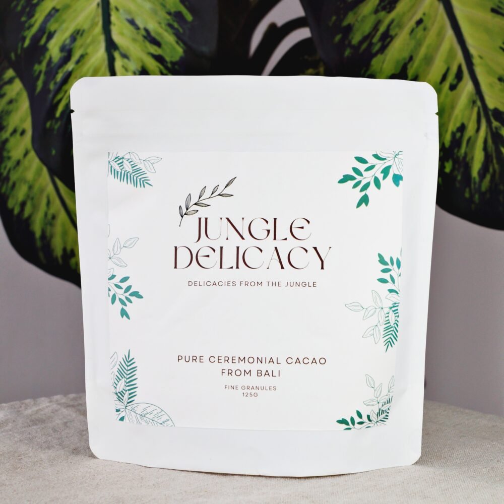 Front view of 250g Jungle Delicacy Balinese ceremonial cacao pouch – pure finely chopped cacao