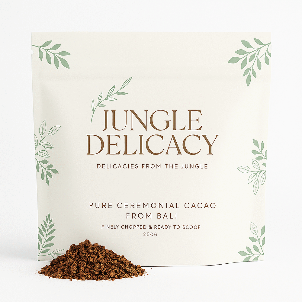 Vooraanzicht Balinese Ceremoniële Cacao 250g Fijngesneden