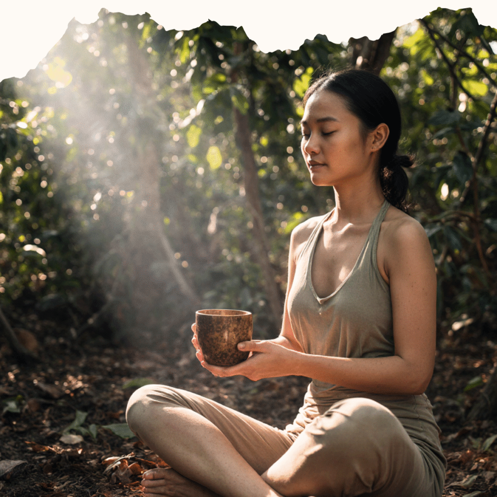 Indonesian woman meditating in the Balinese jungle while drinking Jungle Delicacy ceremonial cacao, symbolizing mindfulness and authenticity