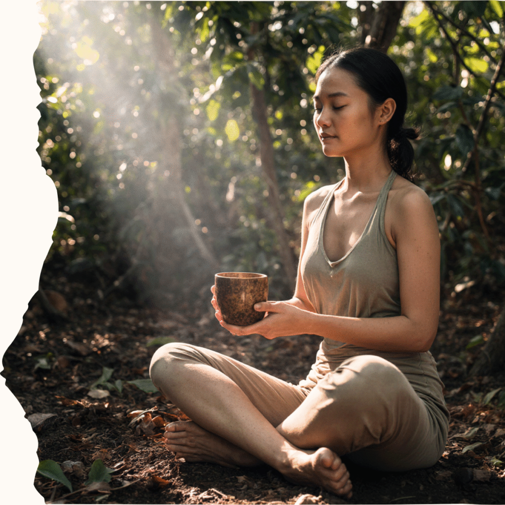 Indonesian woman meditating in the Balinese jungle while drinking Jungle Delicacy ceremonial cacao, symbolizing mindfulness and authenticity
